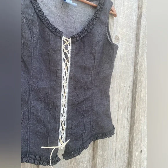 VINTAGE corset style lace up front denim sleeveless top size medium - Picture 2 of 7